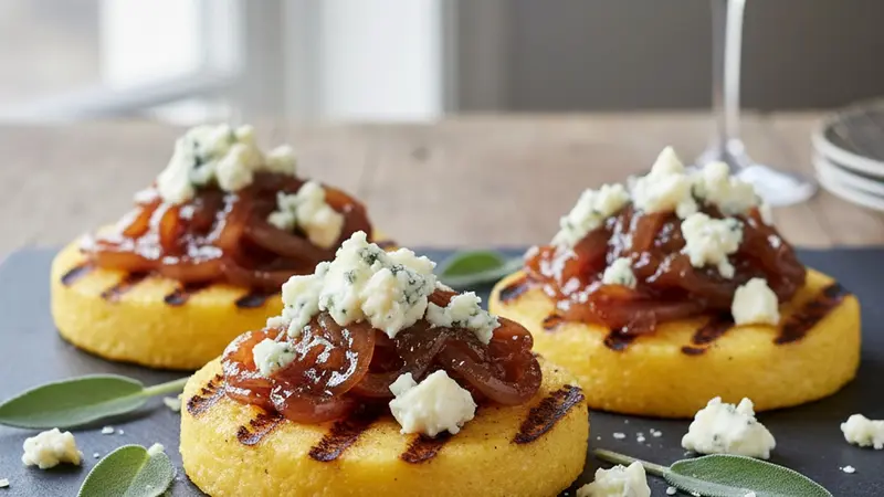 Grilled Polenta Rounds with Caramelized Shallots, Gorgonzola & Crispy Sage