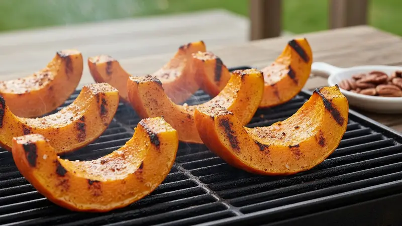Grill pumpkin wedges and toast pecans