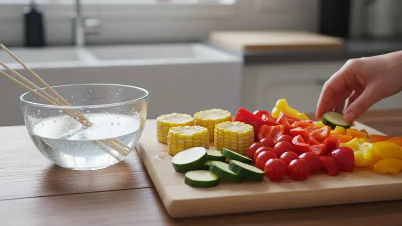 Soak skewers and prep vegetables