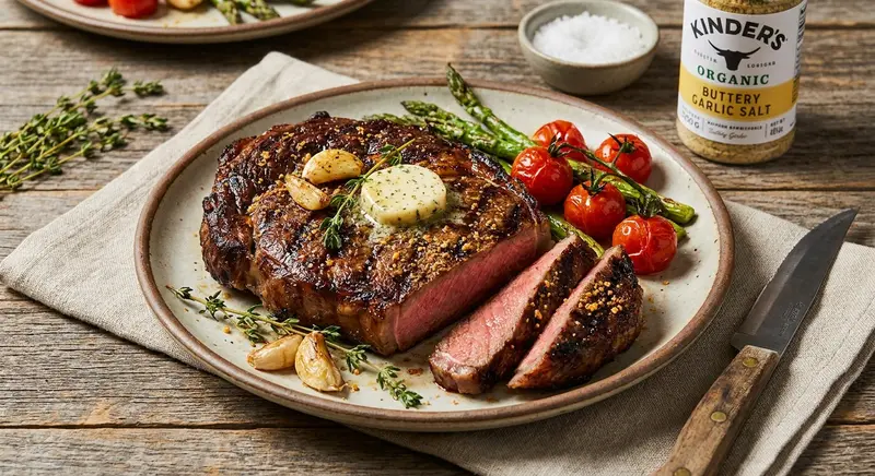 Grilled Ribeye with Kinder's Organic Buttery Garlic Salt Steak Rub