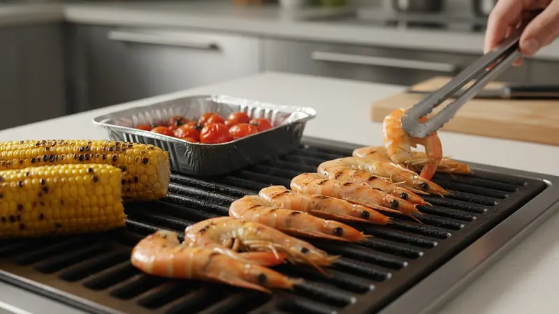Char the corn, blister the tomatoes and grill the shrimp