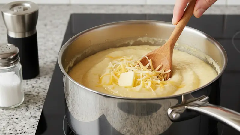 Finish the grits with smoked Gouda and seasoning
