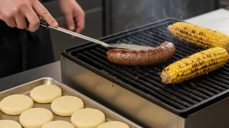 Char the corn and andouille; sear the grits cakes