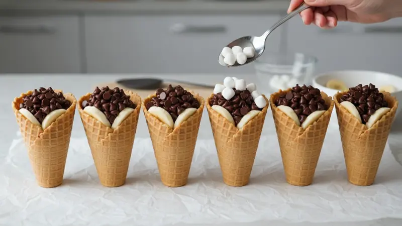 Assemble cones with chocolate and marshmallows (and optional fruit)