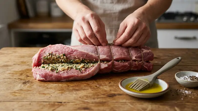 Stuff, roll, and tie the tenderloin