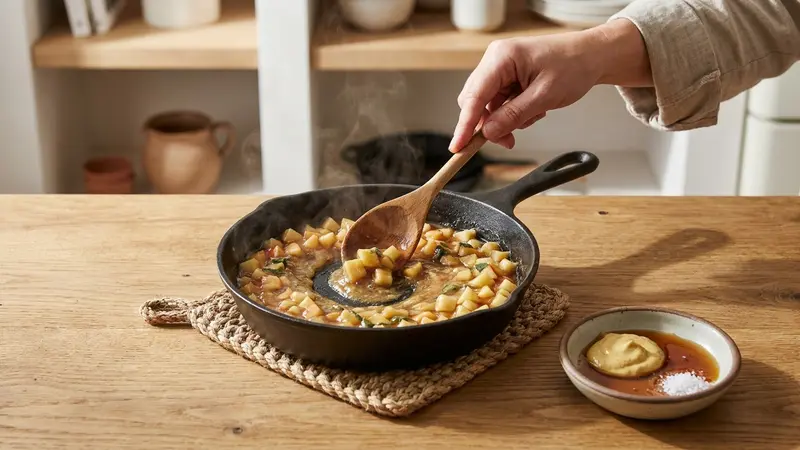 Make the quick apple‑sage chutney and mustard‑maple glaze
