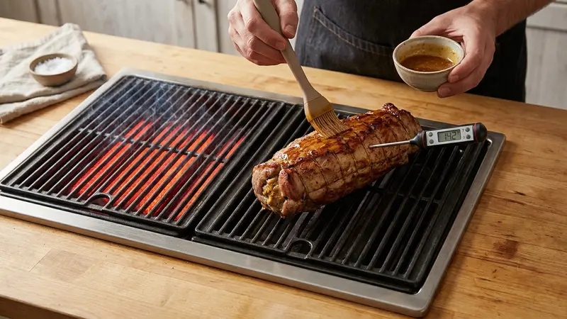 Grill on a two‑zone fire to sear and finish