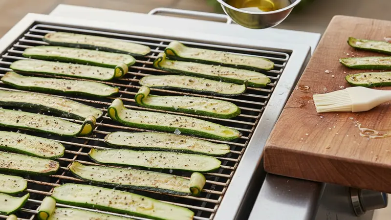 Slice and grill zucchini ribbons; toast pine nuts