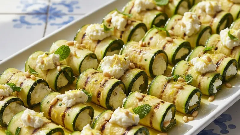Grilled Zucchini Roll-Ups with Lemon-Whipped Ricotta, Mint & Toasted Pine Nuts