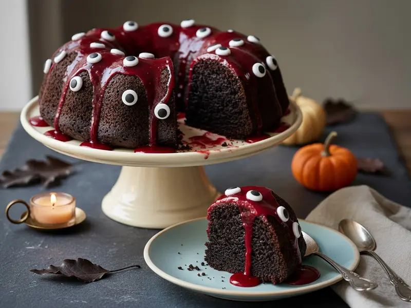 Halloween Black Velvet Bundt Cake with Blood Red Raspberry Glaze