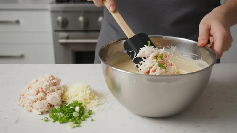 Fold in crab, cheese and scallions