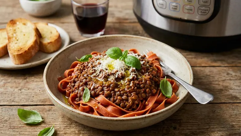Instant Pot High-Protein Lentil Bolognese with Red Lentil Pasta