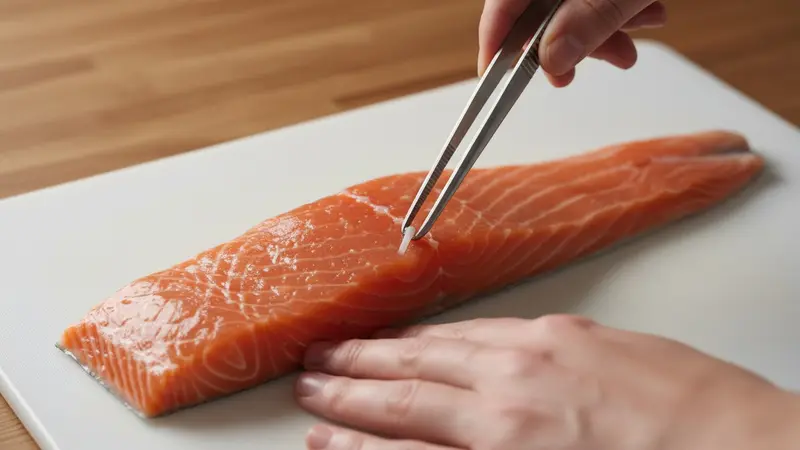 Debone, trim and pre-portion the salmon