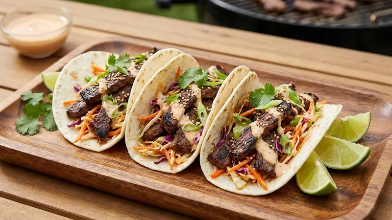 Korean-Style Grilled Bulgogi Tacos with Gochujang Slaw and Sesame-Lime