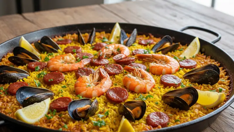 Labor Day Grilled Paella: Saffron Cast-Iron Paella with Charred Shrimp, Chorizo & Mussels