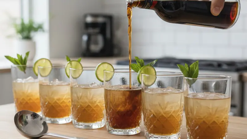 Serve with dark-rum float and garnish