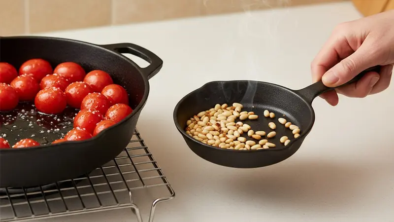Char tomatoes and toast pine nuts