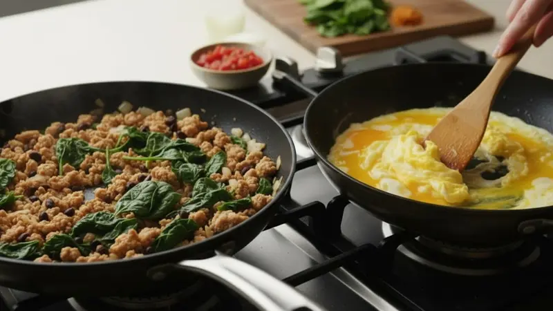 Quick-scramble the eggs and combine