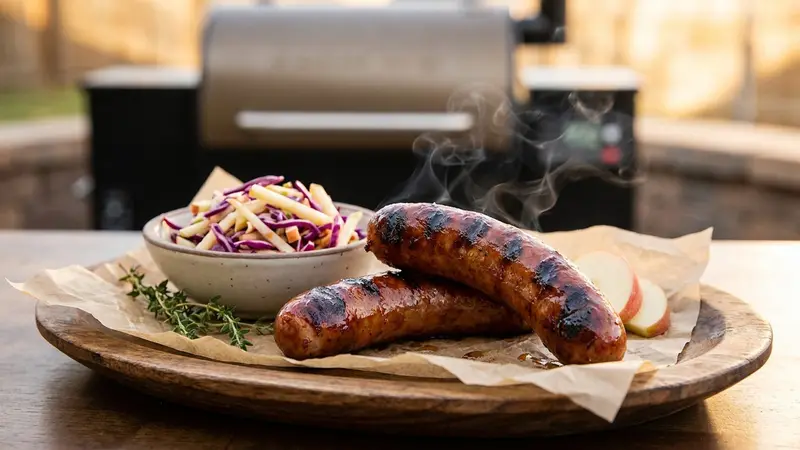Maple-Smoked Bratwurst on the Pellet Smoker with Apple Slaw