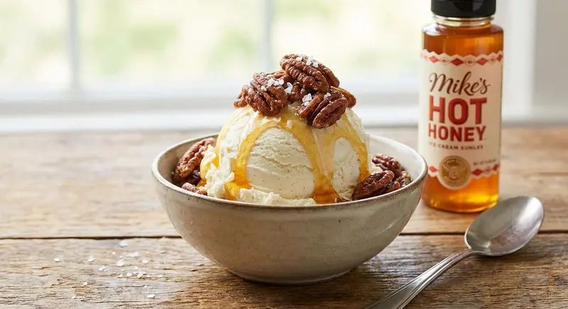 Mike's Hot Honey Ice Cream Sundae with Sea Salt and Candied Pecans