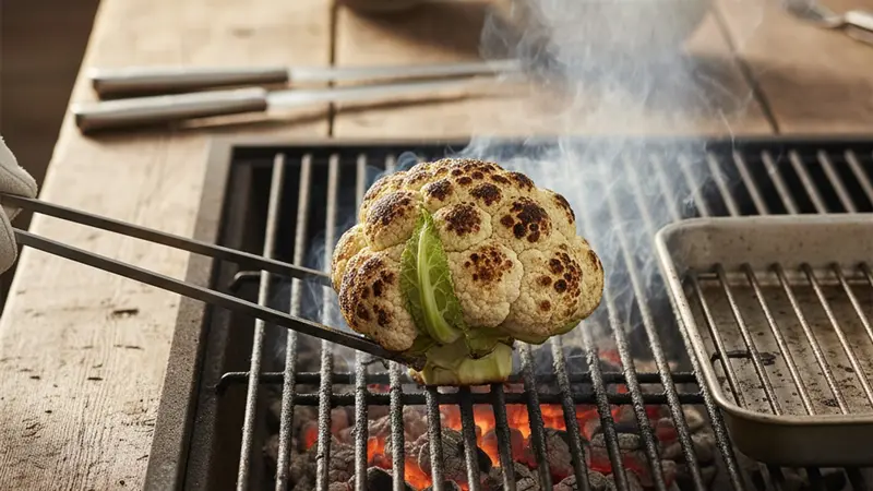 Set up a two‑zone grill and char the cauliflower