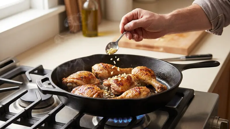 Sauté garlic and add pasta and broth