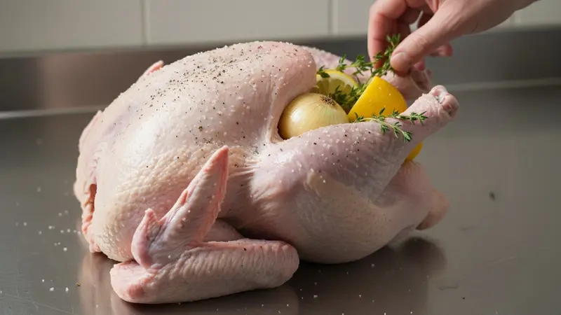 Prepare and season the turkey (include or omit stuffing)