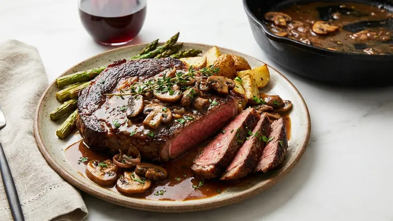 Pan-Seared Steak with Red Wine Mushroom Pan Sauce