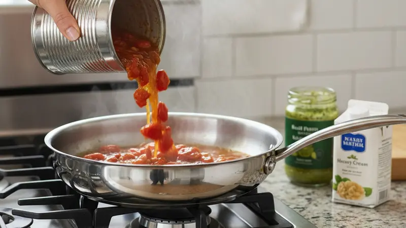 Make the creamy basil pesto tomato sauce