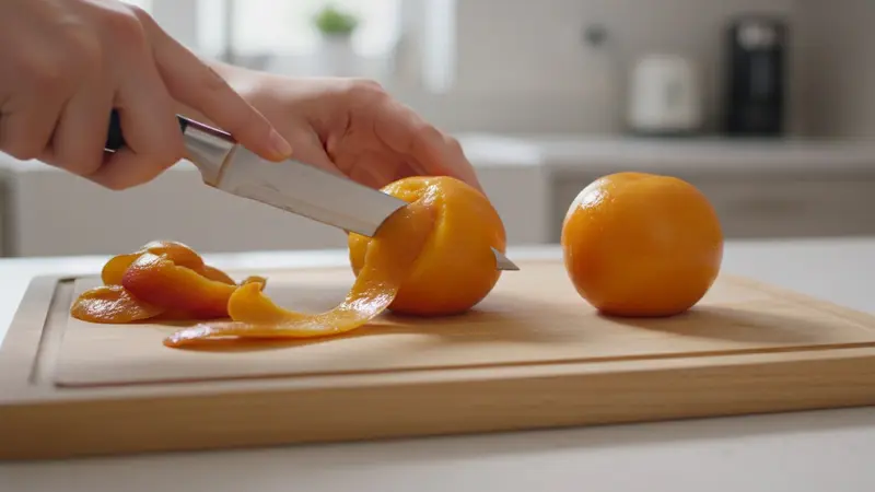 Peel and halve the peaches