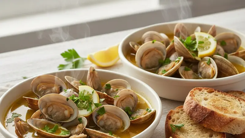 Pilsner Poached Clams with Garlic and White Wine