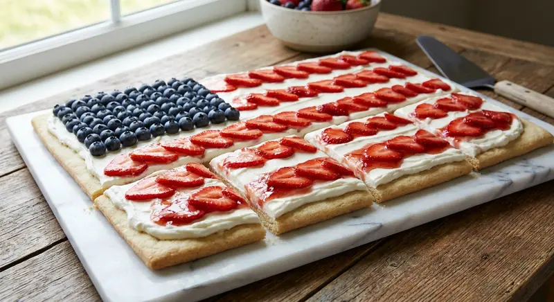 Red White and Blue Flag Fruit Pizza with Whipped Cream Cheese and Berry Glaze