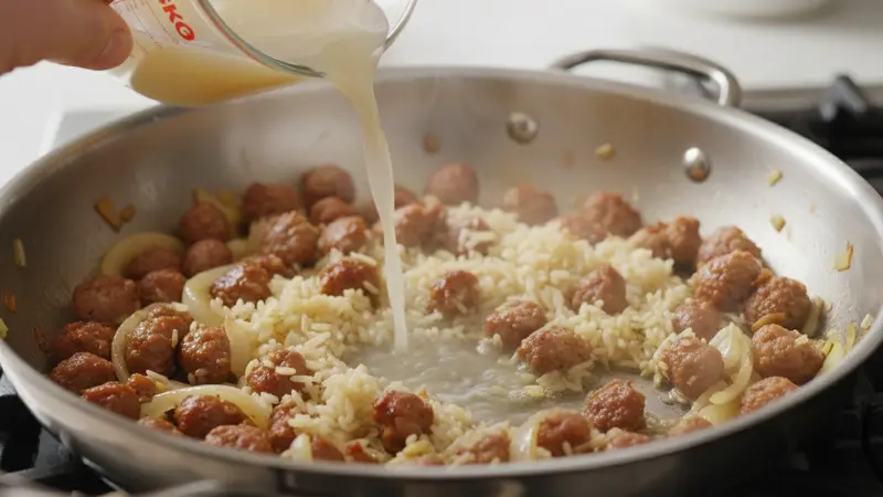 Sauté sausage, onion and garlic; cook jasmine rice in broth