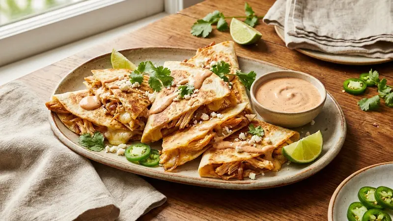 Rotisserie Chicken Quesadillas with Caramelized Onions and Chipotle Crema