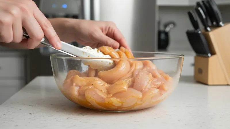 Trim, slice and marinate the chicken