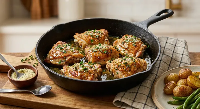 Skillet Garlic Butter Chicken Thighs with Kinder's Organic Buttery Garlic Salt