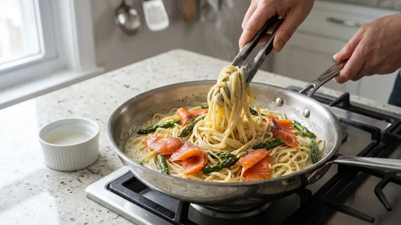 Toss pasta with sauce, salmon and asparagus