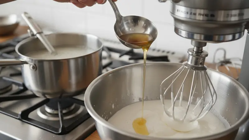 Cook sugar syrup and whip Italian meringue