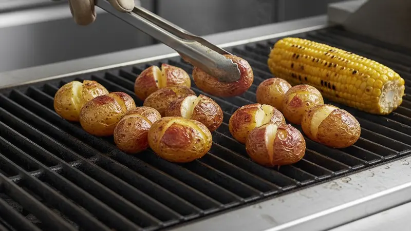 Blister potatoes and char the corn on the grill