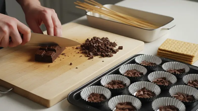 Soak skewers; chop chocolate and prep graham