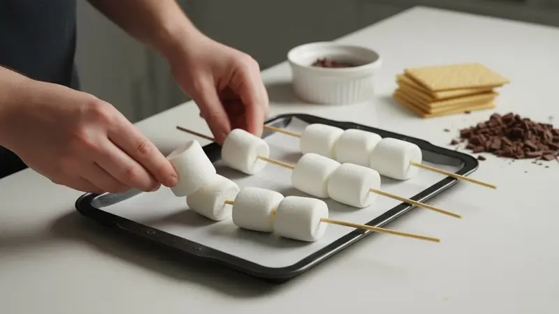 Thread marshmallows onto skewers