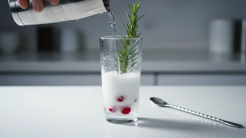 Top with vodka and club soda to create the snow globe effect and serve