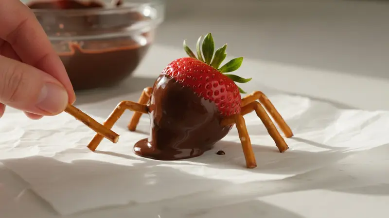 Dip strawberries and add pretzel legs