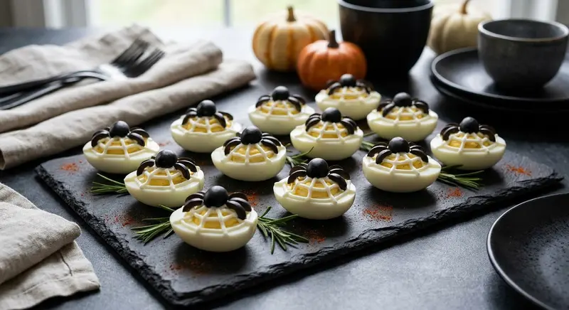 Spider Web Deviled Eggs with Olive Spiders (Appetizer)