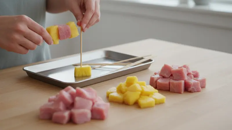 Prepare pineapple and assemble skewers