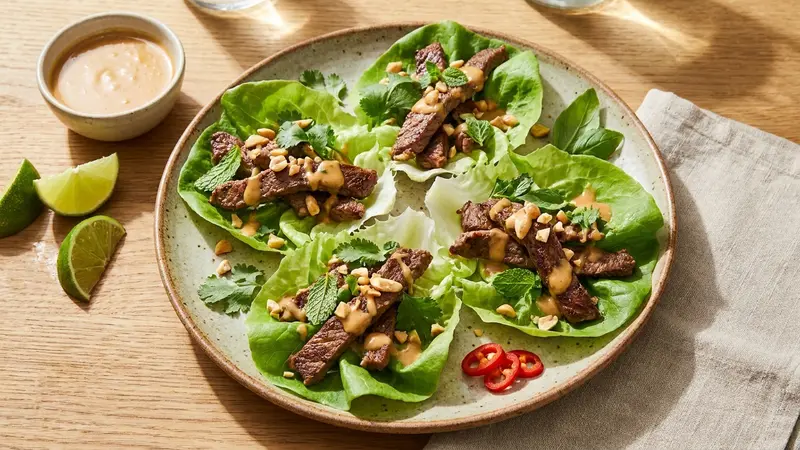 Thai Ginger Beef Lettuce Wraps with Crunchy Herbs and Peanut-Lime Dressing