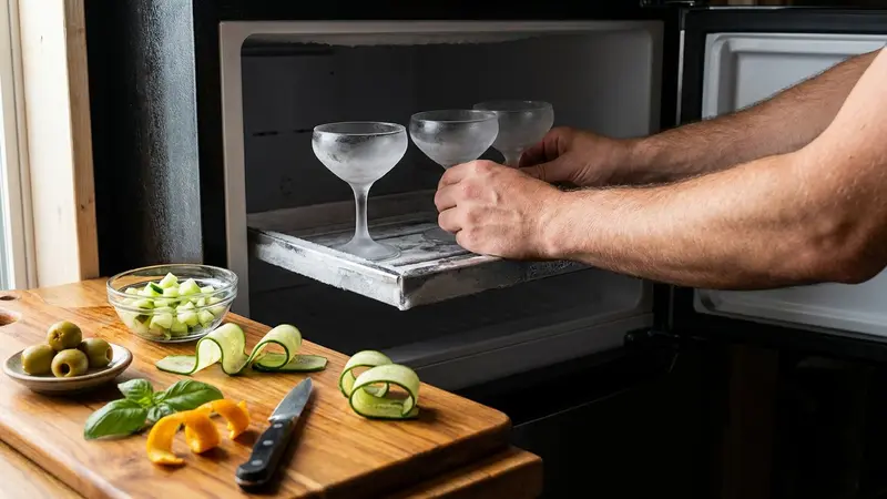 Prep glasses, ice and garnishes