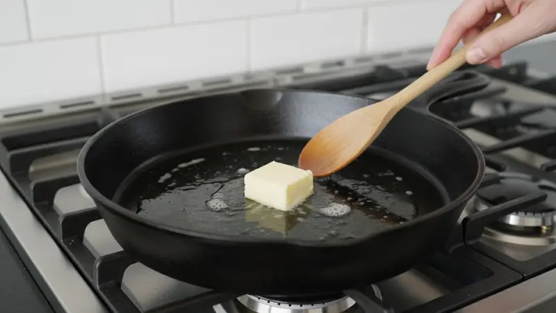 Warm the pan and melt butter