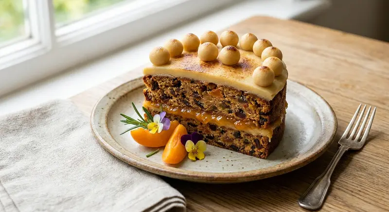 Traditional Simnel Cake with Apricot Jam and Marzipan Topping