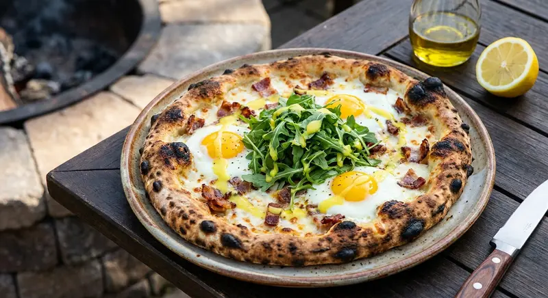 Wood-Fired Grilled Breakfast Pizza with Crispy Pancetta, Sunny-Side Eggs & Arugula